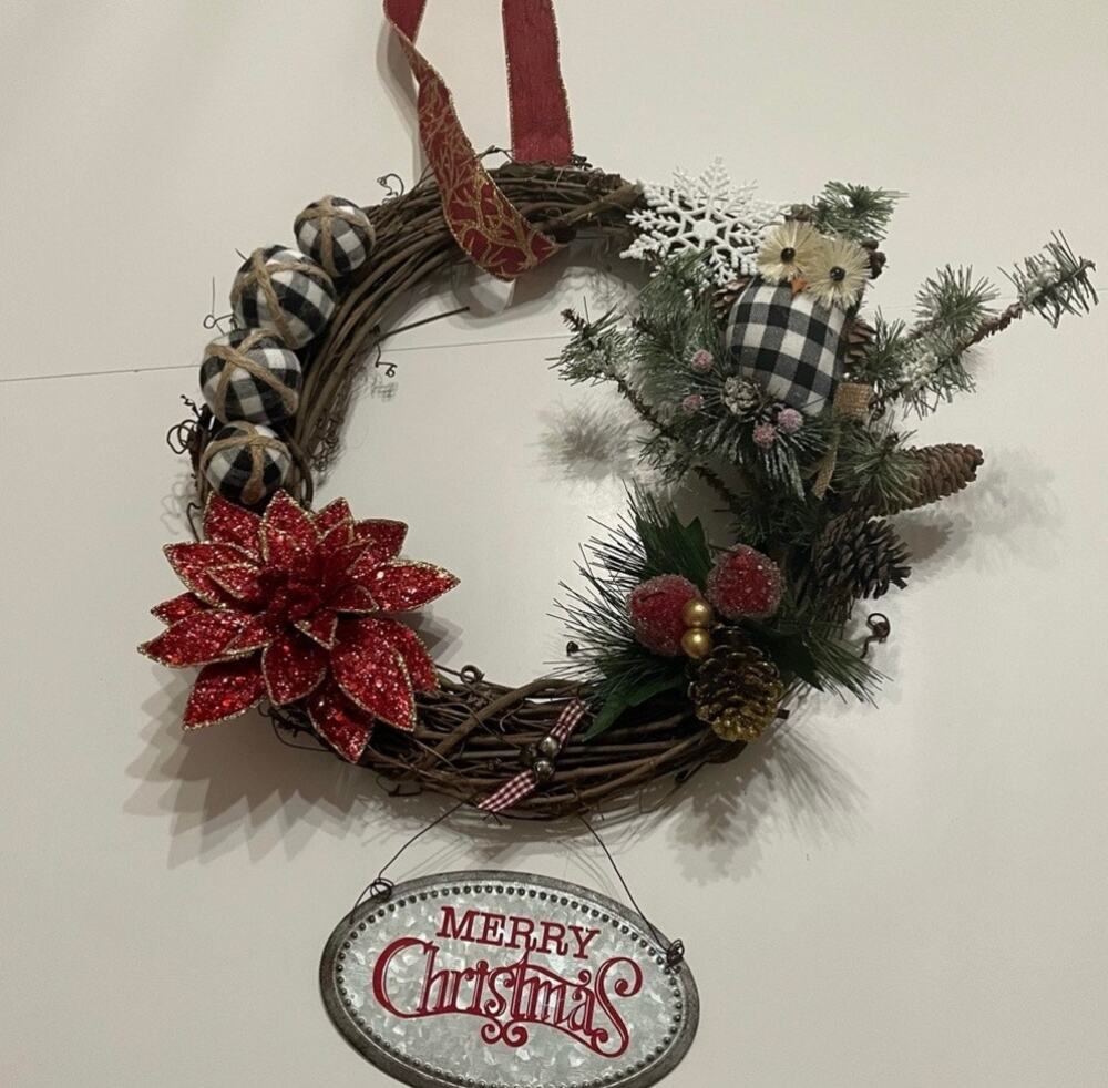 Christmas Owl Buffalo Plaid Grapevine Wreath 16"